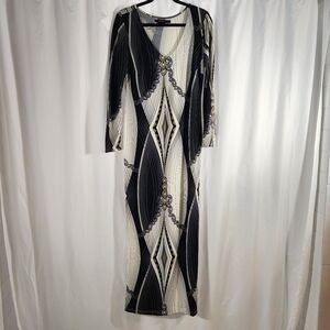 Vertigo Black, White, Gold Geometric Maxi Dress Size Small